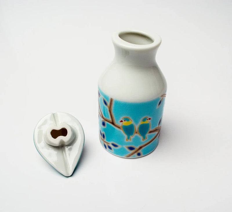 KUTANI WARE PATTERNED SOY SAUCE DISPENSER - SMALL BIRD DESIGN, SEIKOU KILN, JAPANESE CERAMIC SAUCE CONTAINER