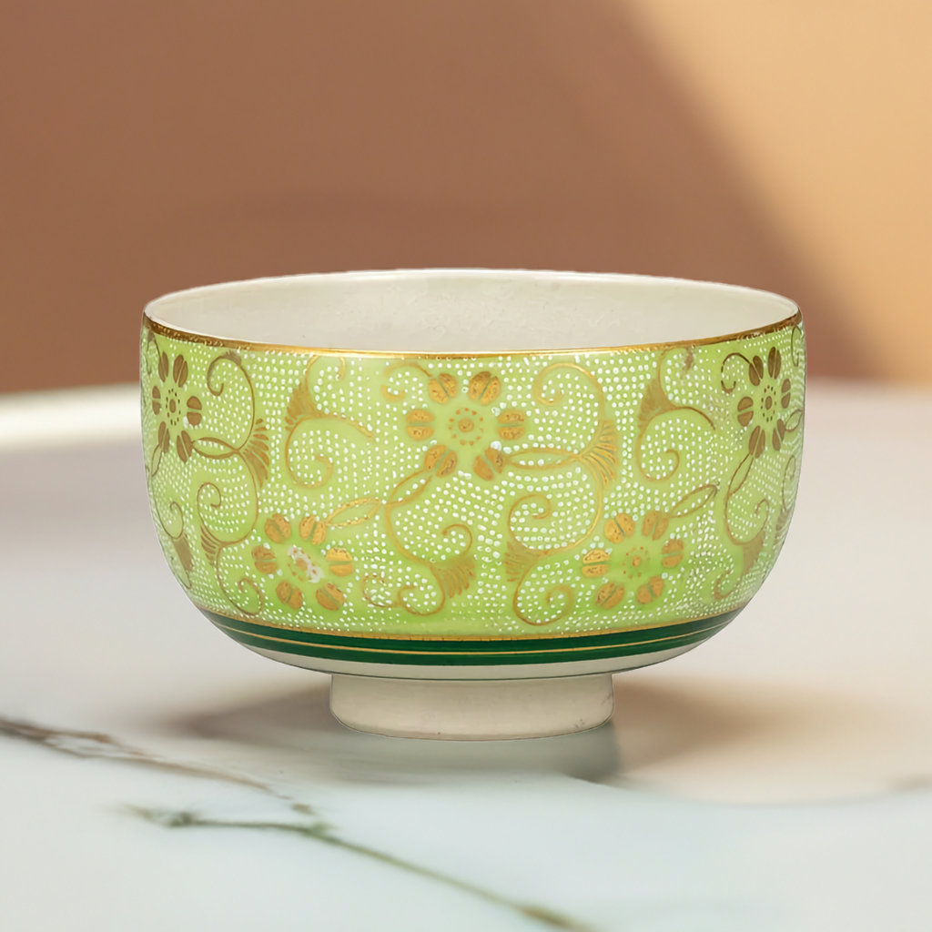 KUTANI WARE MATCHA BOWL (CHAWAN) - SHIROCHIBU TESSEN KIMIDORI,