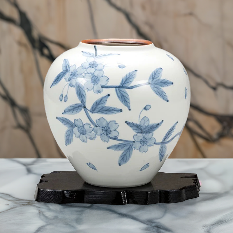 JAPANESE FLOWER VASE KUTANI  SAKURA CHIRASHI WITH STAND