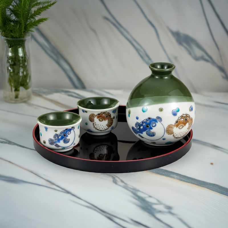 KUTANI JAPANESE SAKE SET FUGU & HARISENBON (WITH TRAY)