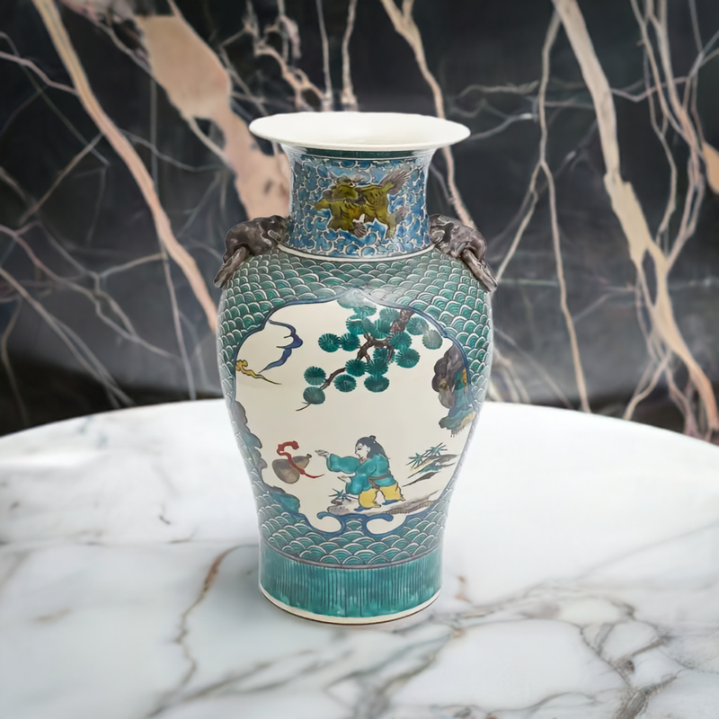 JAPANESE FLOWER VASE KUTANI FIVE-COLOR HANDLED VASE