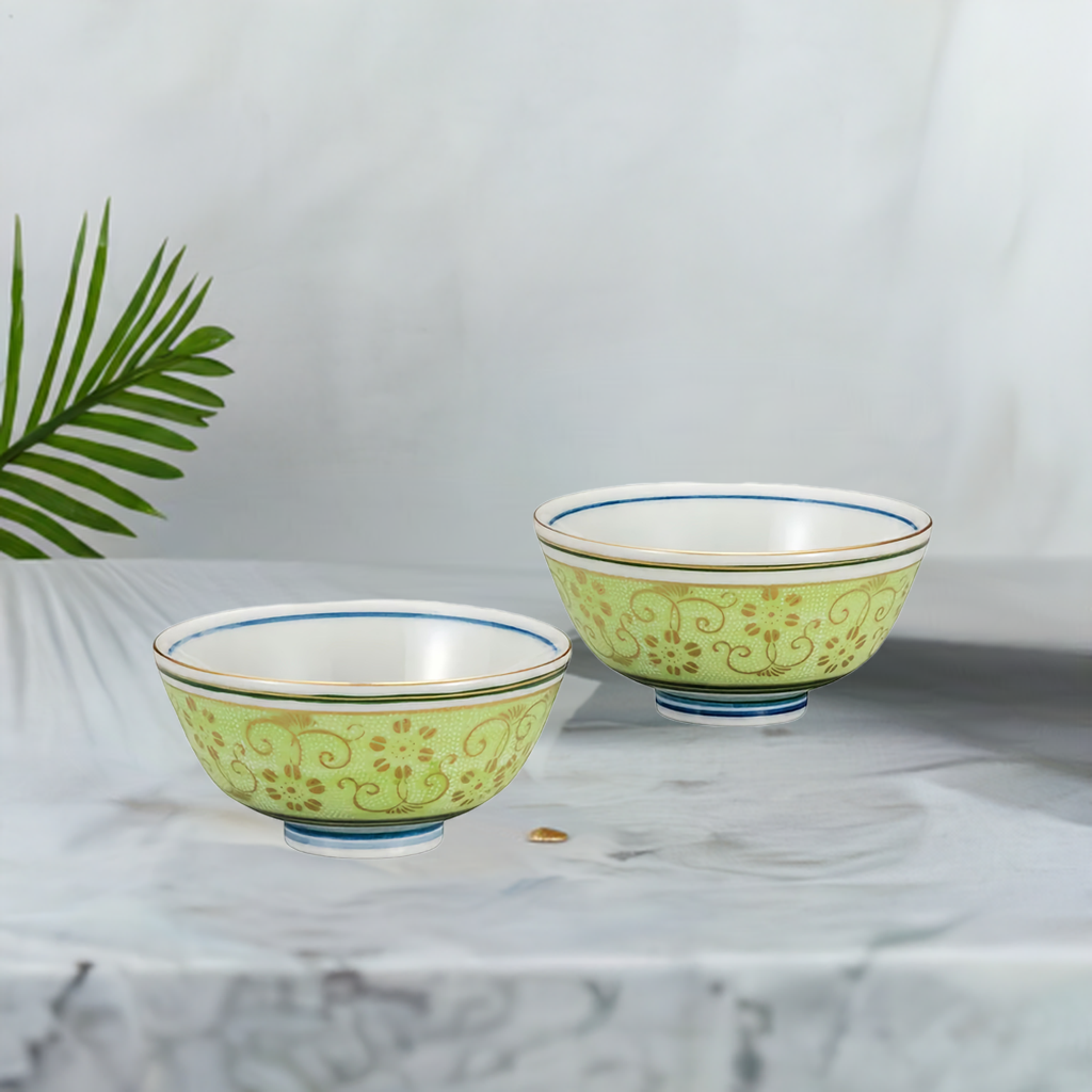 JAPANESE KUTANI RICE BOWL SET - SHIROCHIBU TESSEN YELLOW-GREEN
