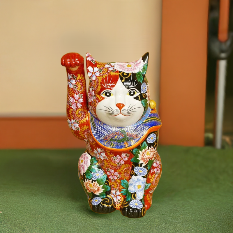KUTANI WARE LUCKY CAT (MANEKI NEKO) RED AND BLACK FLORAL RAISED DECORATION (RIGHT)
