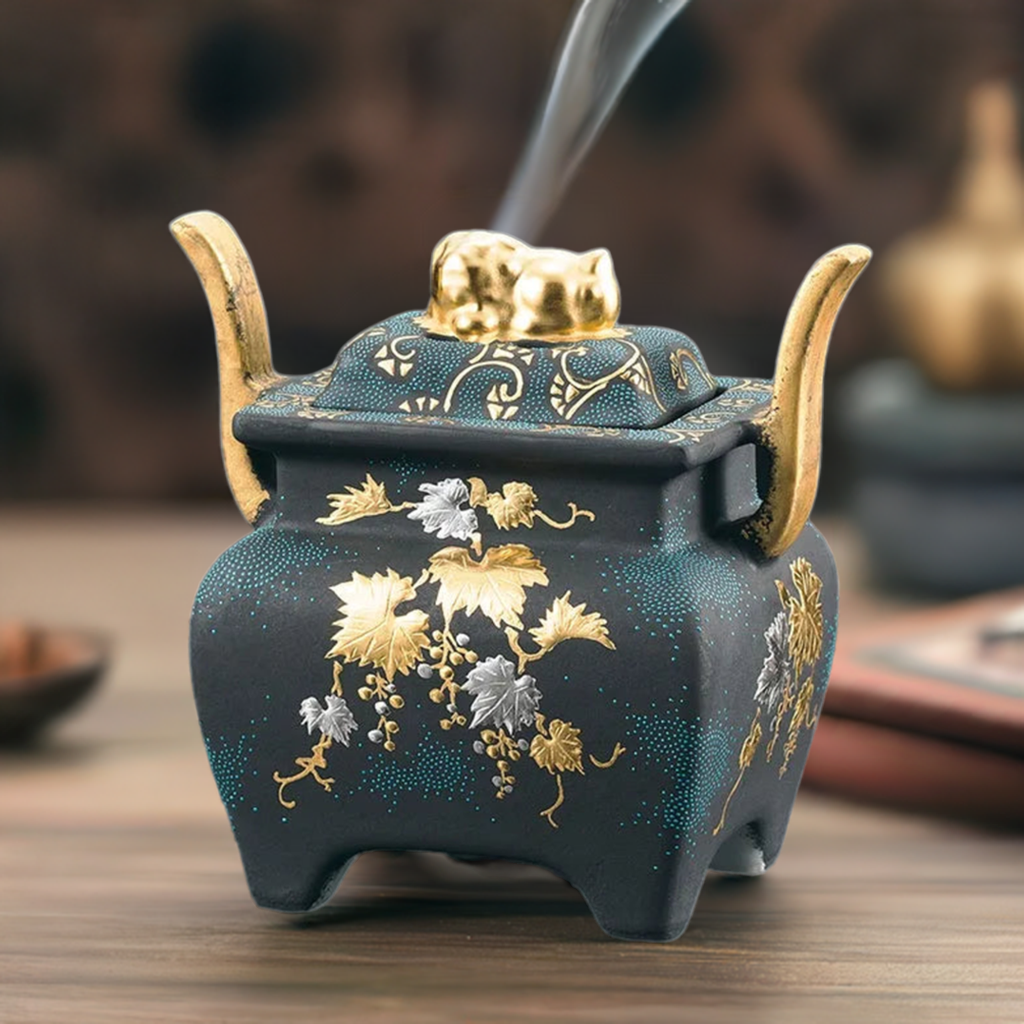 KUTANI JAPANESE INCENSE BURNER (PLATINUM MORIE GRAPE MOTIF WITH AOCHIBU BLUE DOT DECORATION)/KINGYOKU NAKADA
