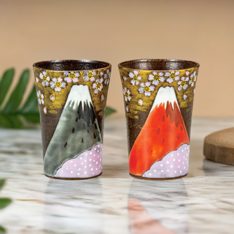 KUTANI WARE PAIR OF FREE CUPS  GOLDEN CLOUD AND SAKURA FUJI/YOSHINORI FUKUDA