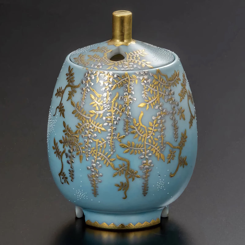 KUTANI WARE INCENSE BURNER - SHIROKANEMORI SHIRAFUJI ZU SHIROTSUBU DESIGN BY KINGYOKU NAKADA
