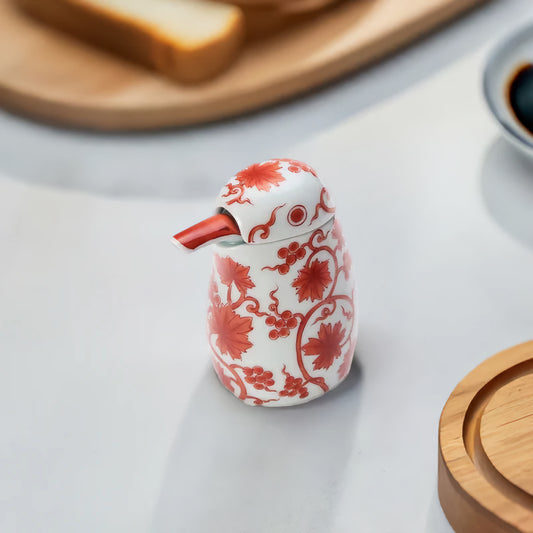 ARITA WARE NISHIKI RED ARABESQUE KINGFISHER-SHAPED SOY SAUCE DISPENSER / KOURAKU KILN