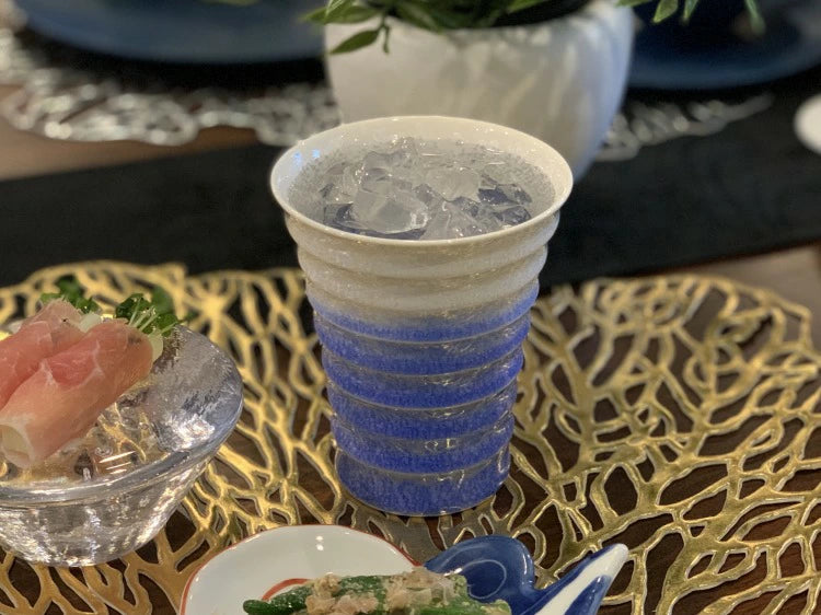 ARITA WARE TUMBLER INDIGO-DYED WATERDROP PATTERN TIERED SAKE CUP (WITH WOODEN BOX) /SHINEMON KILN