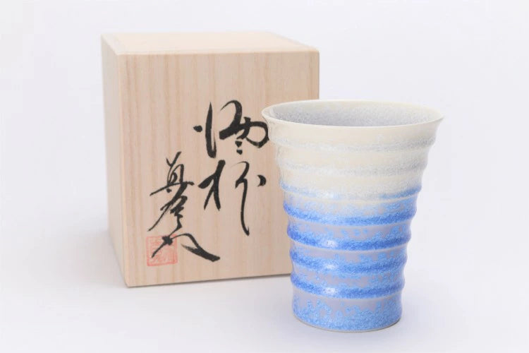 ARITA WARE TUMBLER INDIGO-DYED WATERDROP PATTERN TIERED SAKE CUP (WITH WOODEN BOX) /SHINEMON KILN