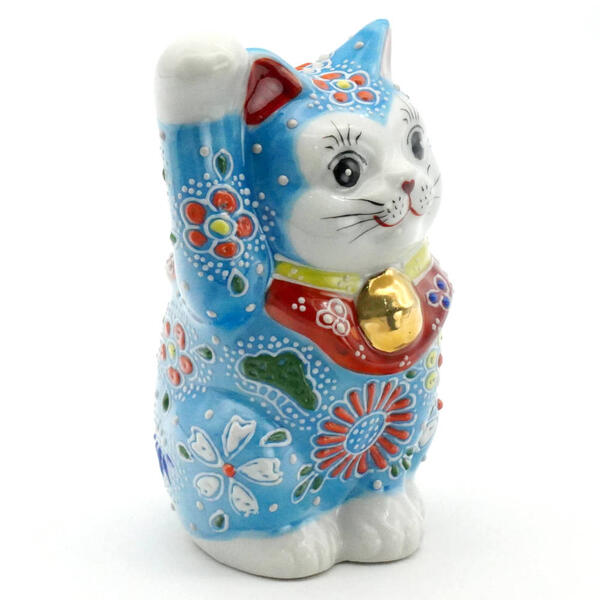 KUTANI JAPANESE LUCKY CAT(MANEKI NEKO) PALE BLUE RAISED DESIGN