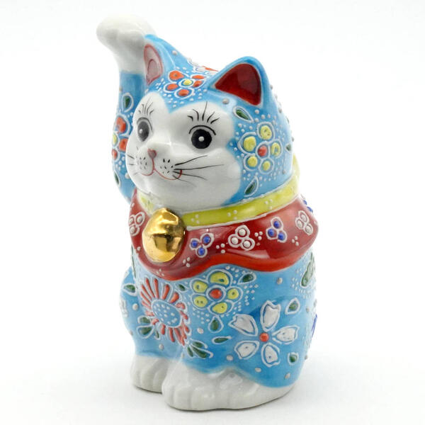 KUTANI JAPANESE LUCKY CAT(MANEKI NEKO) PALE BLUE RAISED DESIGN