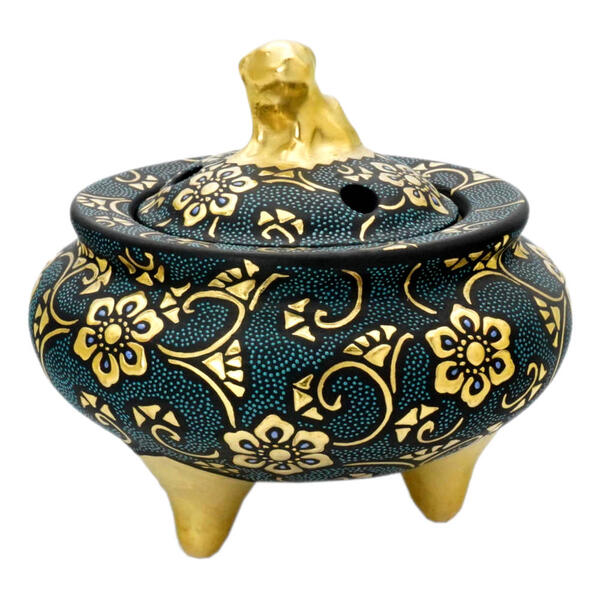 KUTANI WARE JAPANESE SHISHI-TOP INCENSE BURNER – HAND-PAINTED AOCHIBU DOTS WITH RAISED GOLD HŌSŌGE & KARAKUSA MOTIFS | TRADITIONAL JAPANESE KORO