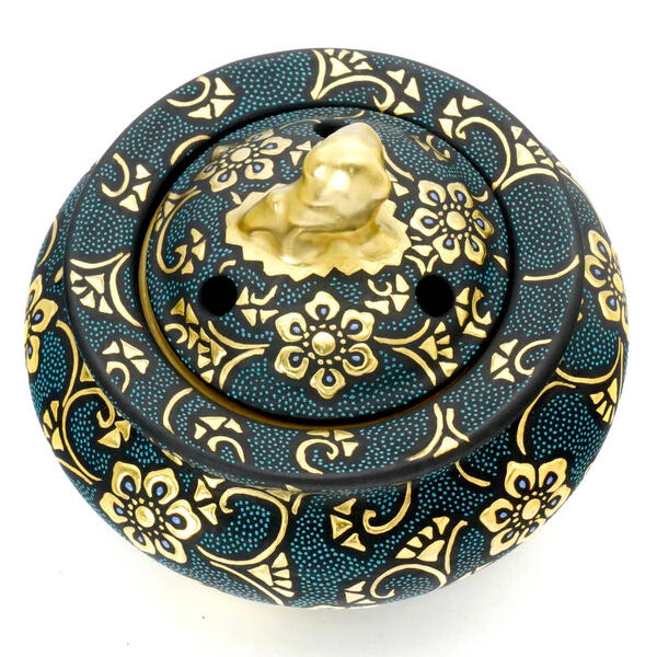 KUTANI WARE JAPANESE SHISHI-TOP INCENSE BURNER – HAND-PAINTED AOCHIBU DOTS WITH RAISED GOLD HŌSŌGE & KARAKUSA MOTIFS | TRADITIONAL JAPANESE KORO