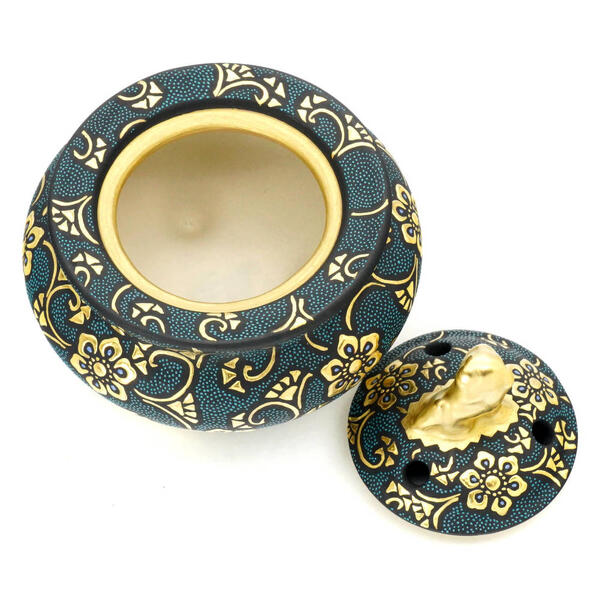 KUTANI WARE JAPANESE SHISHI-TOP INCENSE BURNER – HAND-PAINTED AOCHIBU DOTS WITH RAISED GOLD HŌSŌGE & KARAKUSA MOTIFS | TRADITIONAL JAPANESE KORO
