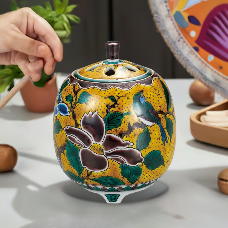 YOSHIDAYA FLORAL AND BIRD MOTIF KUTANI JAPANESE INCENSE BURNER