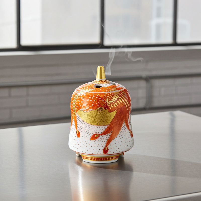 KUTANI WARE INCENSE BURNER - AKAE PHOENIX DESIGN, YOSHINORI FUKUDA, JAPANESE CERAMIC ART