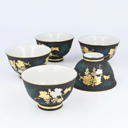 KUTANI WARE TEA UTENSILS SET SHIROKANEMORI GRAPEVINE TRELLIS AOCHIBU/  KINGYOKU NAKADA