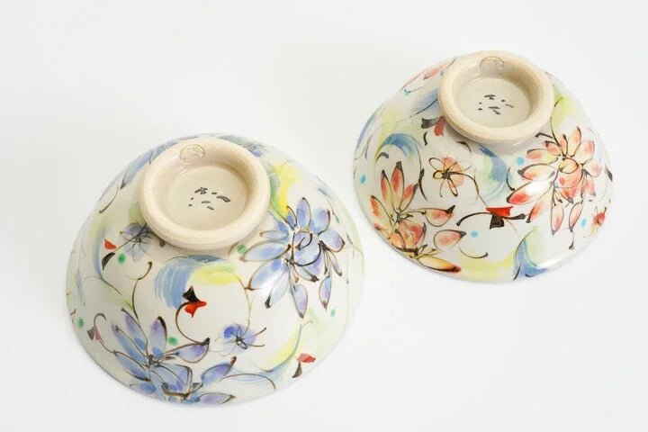 KUTANI WARE SET OF RICE BOWLS - SAIKA (COLORFUL FLORAL DESIGN), KOKUZOU KILN, JAPANESE CERAMIC BOWLS