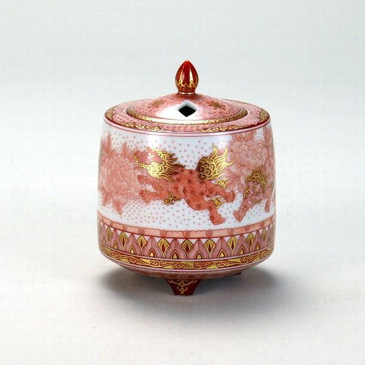 KUTANI WARE INCENSE BURNER – AKAE PEONY & SHISHI (LION DOG) DESIGN BY BUZAN FUKUSHIMA