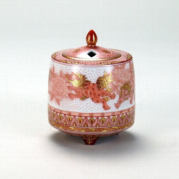 KUTANI WARE INCENSE BURNER – AKAE PEONY & SHISHI (LION DOG) DESIGN BY BUZAN FUKUSHIMA