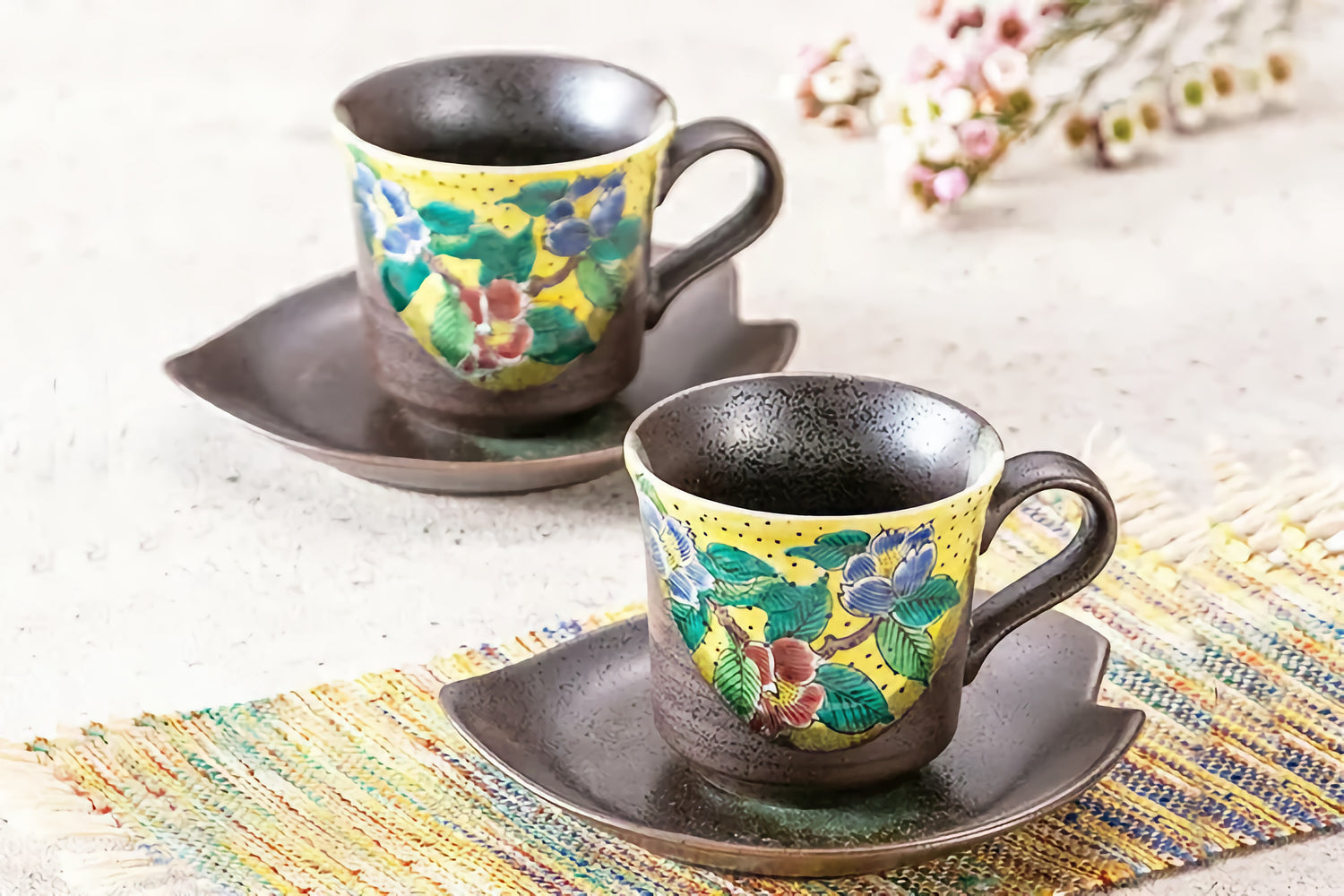 KUTANI JAPANESE PAIR COFFEE CUP YOSHIDAYA CAMELLIA DESIGN