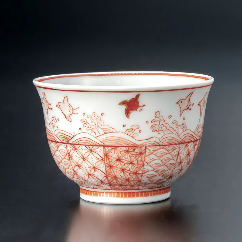 KUTANI WARE GUINOMI SAKE CUP “AKAE FINE LINE WAVE & CHIDORI MOTIF” BY REIKO FUKUSHIMA (PAULOWNIA WOOD BOX WITH CORD CLOSURE)