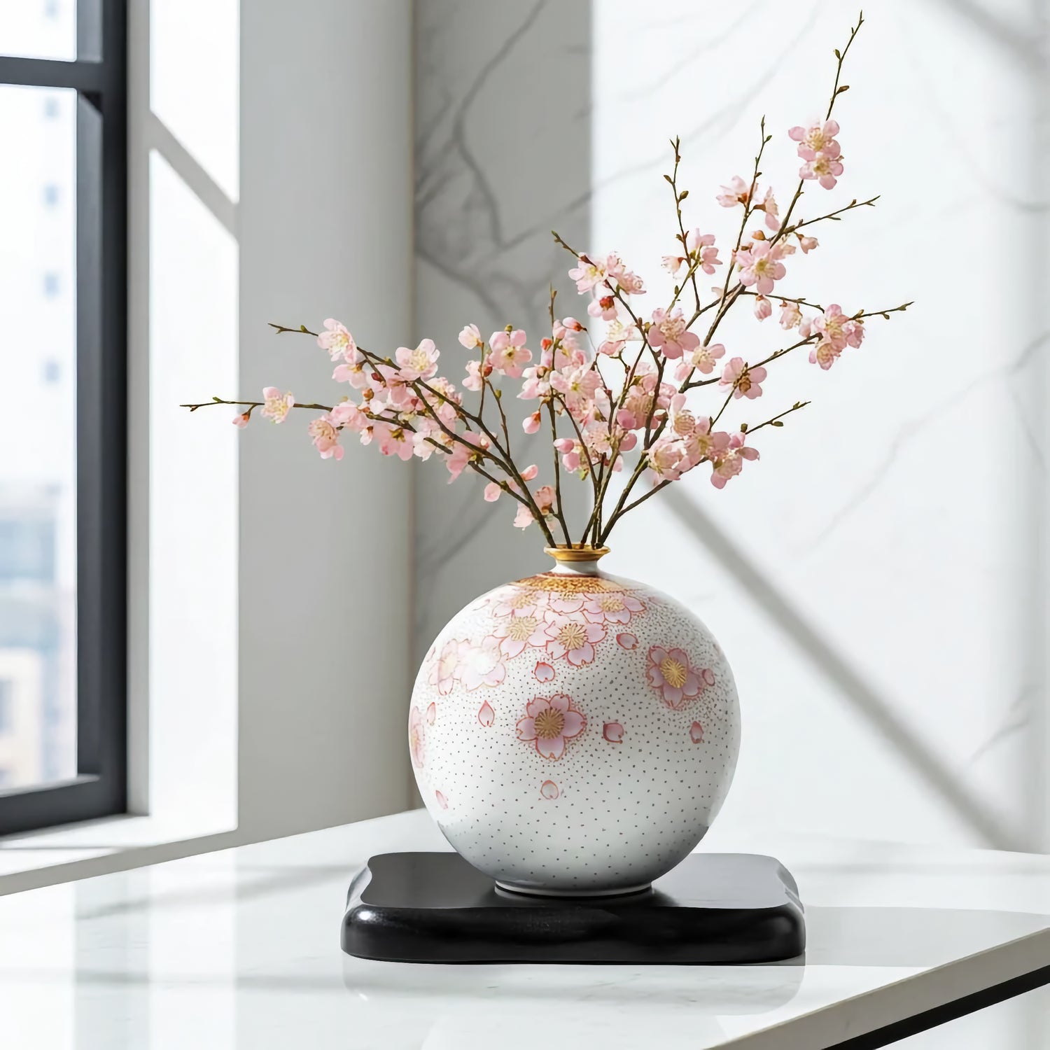 KUTANI WARE VASE “KINRANDE SAKURA” WITH STAND BY YOSHINORI FUKUDA | IN WOODEN BOX