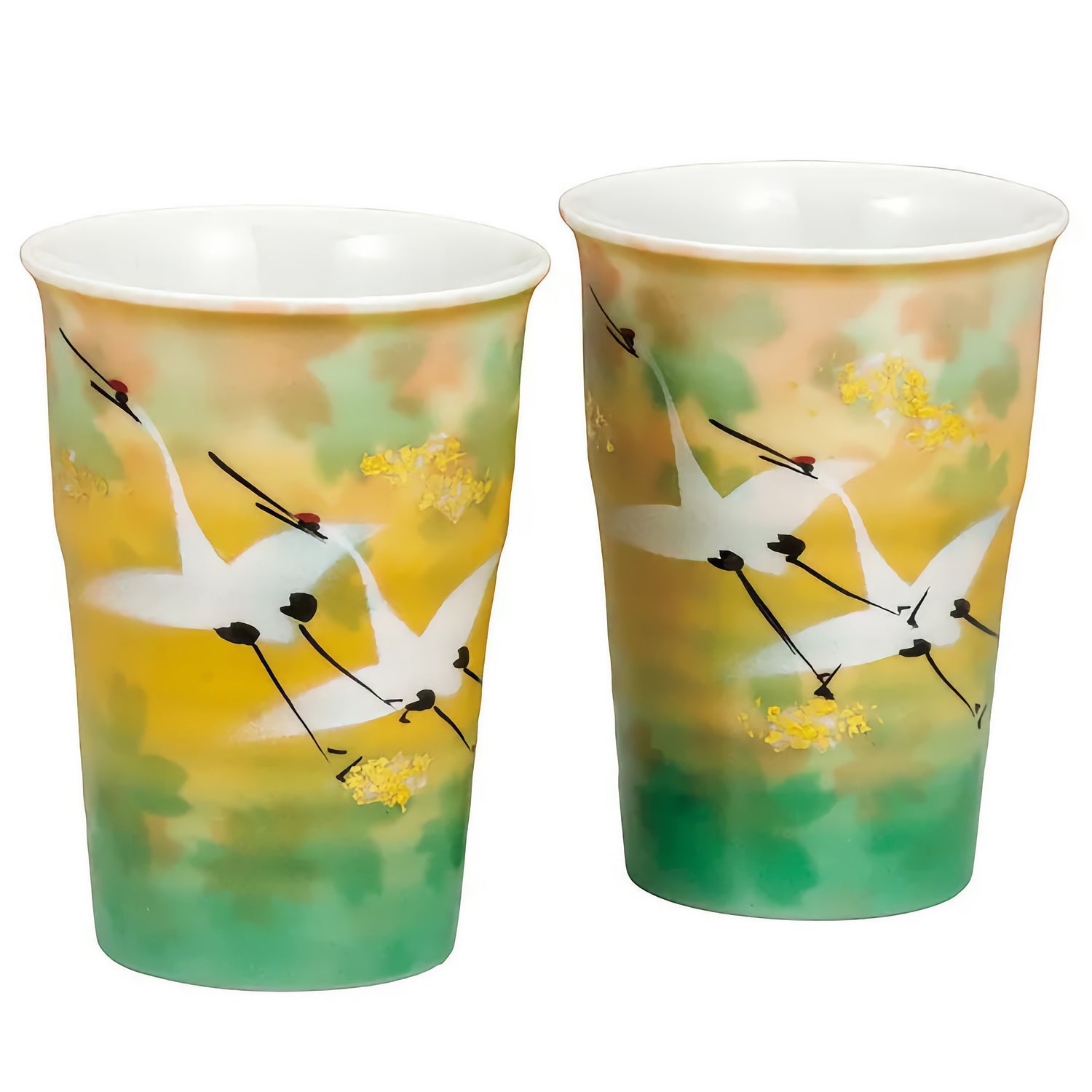 KUTANI WARE PAIR OF FREE CUPS GOLD LEAF FLORAL FLOCK OF CRANES/TOYOSHI YAMADA